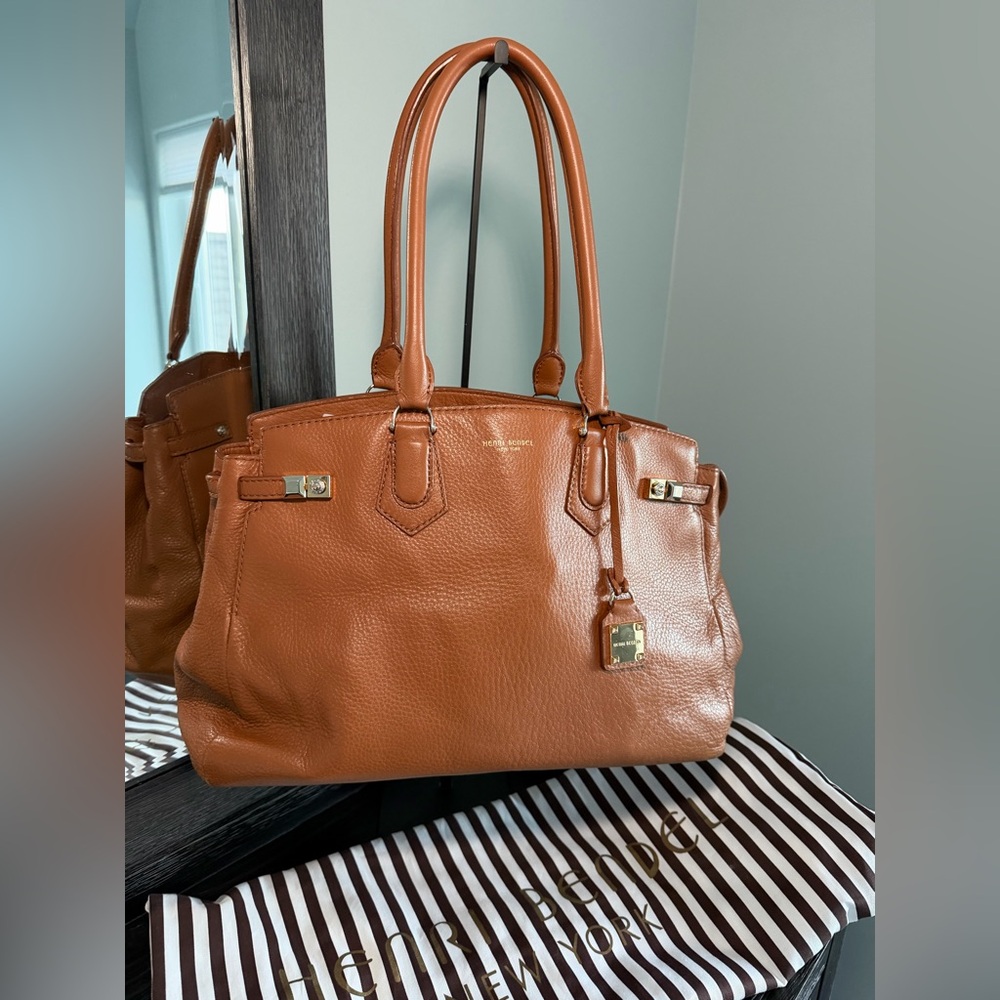 Henri Bendel Congac and Gold Satchel with Zip Top